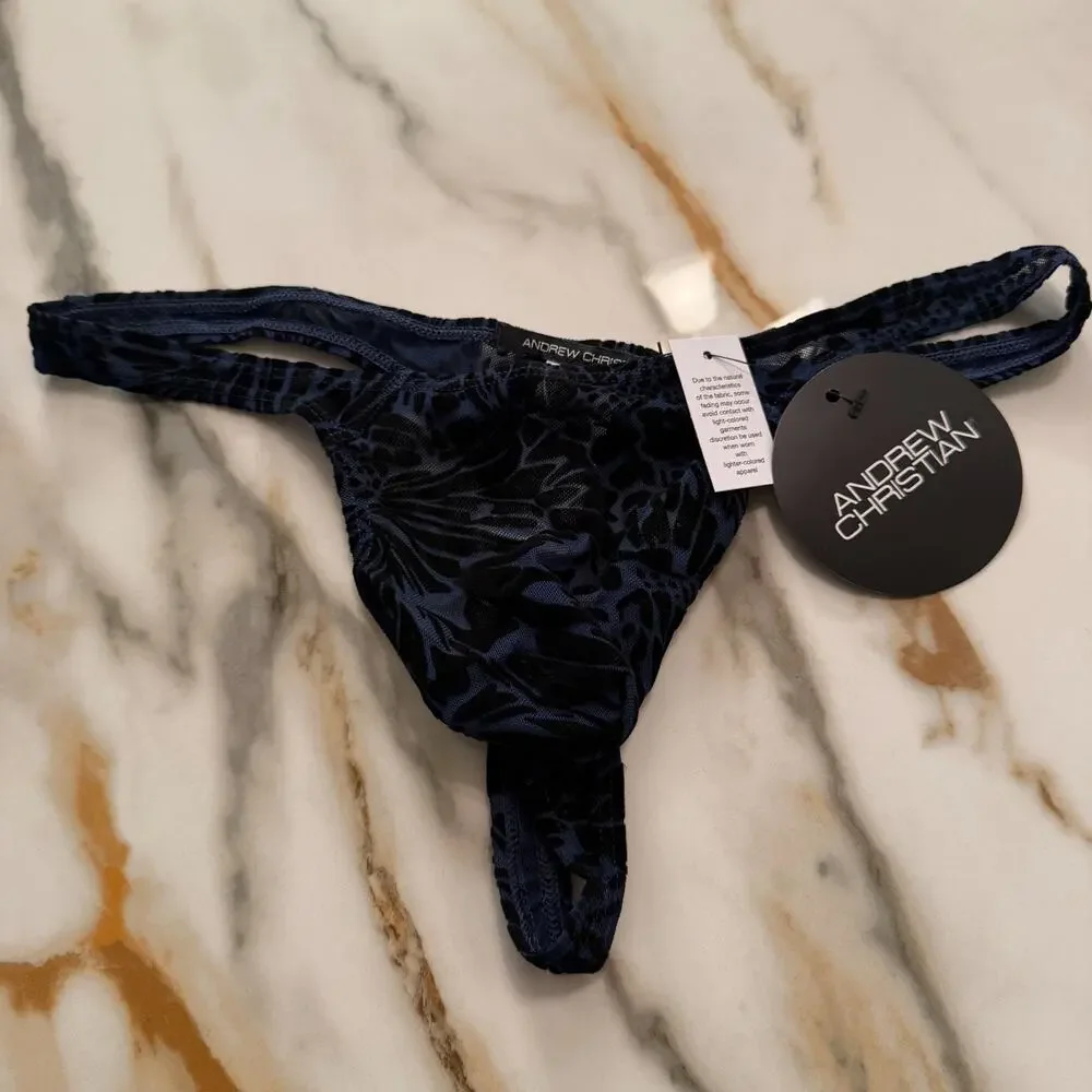 NEW Andrew Christian Underwear Nocturnal Mesh Thong Black Blue Size Medium